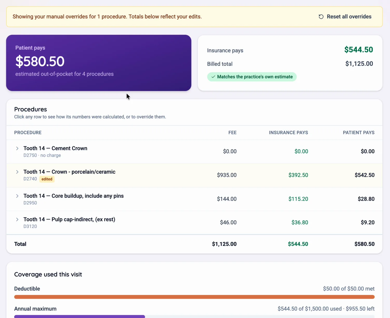 A clinician edit marks the row “edited,” recolors the totals banner, and offers “Reset all overrides” — the calculation underneath is never destroyed
