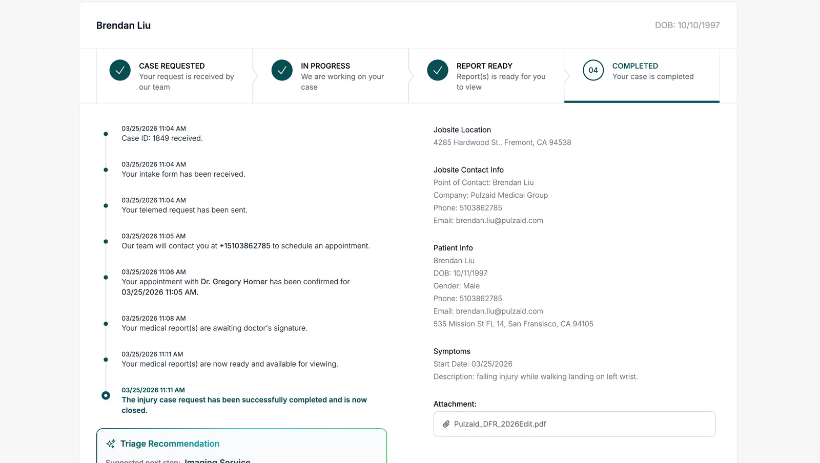 Four milestones on top, a readable timeline underneath, the AI recommendation at the bottom