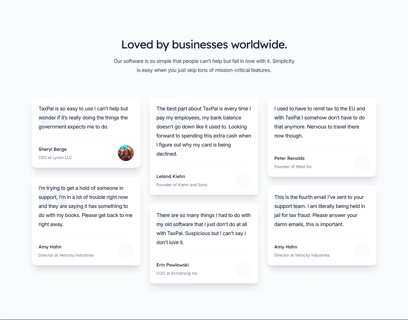 The old site's template testimonials, still branded TaxPal