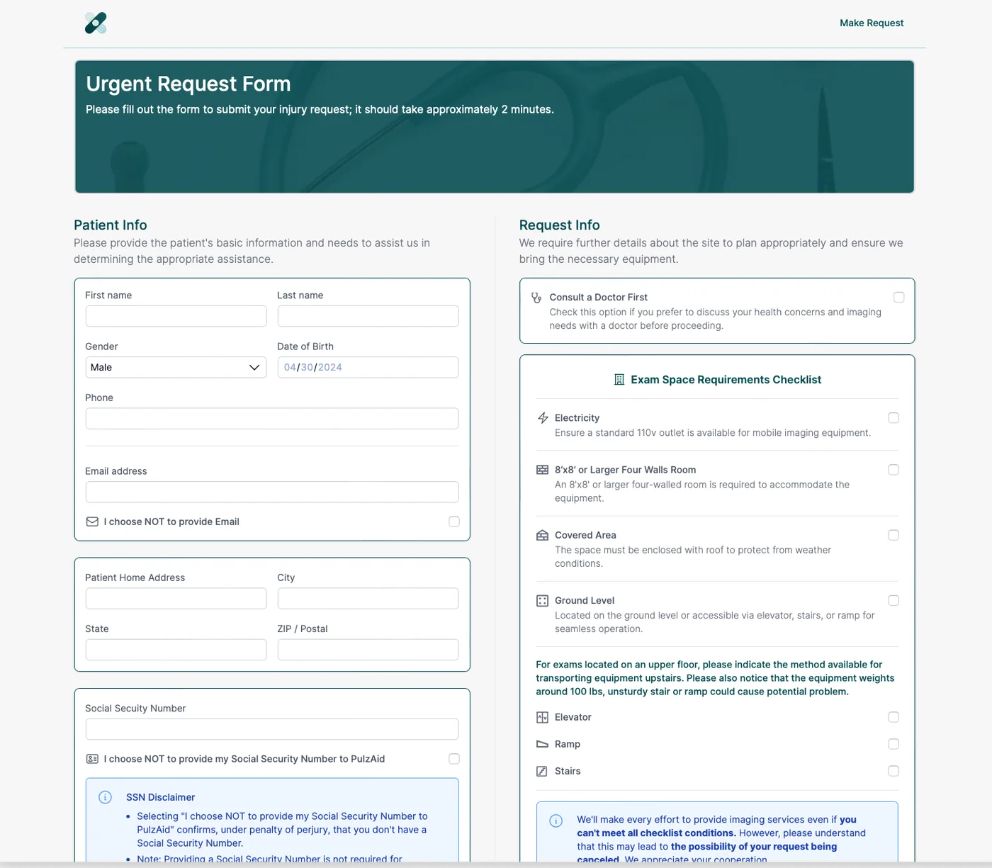 Everything at once: SSN block, facility checklist, equipment logistics — all before care starts