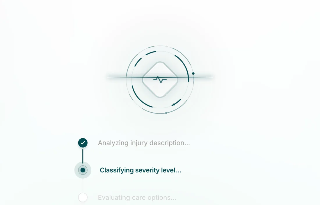 Triage playground loading state: counter-rotating rings around a pulsing core with staged status lines